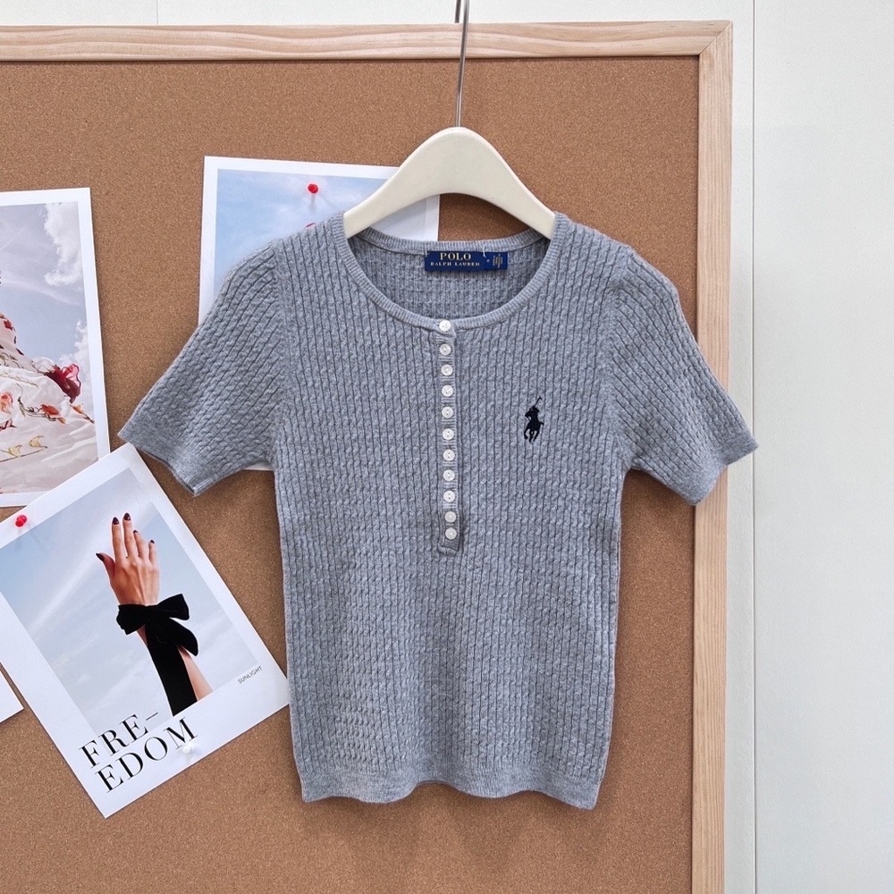 Polo by Ralph Lauren Light Gray Short-Sleeve Knit Henley with Navy Logo